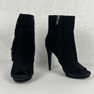 BCBGeneration BG-Genie Womens 6M Black Suede Fringe Peep Toe Ankle Booties Heel